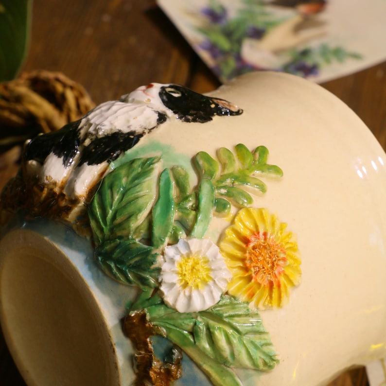 Custom Hand-Sculpted Pet Statue Mug – 3D Ceramic Portrait Cup with Floral Details