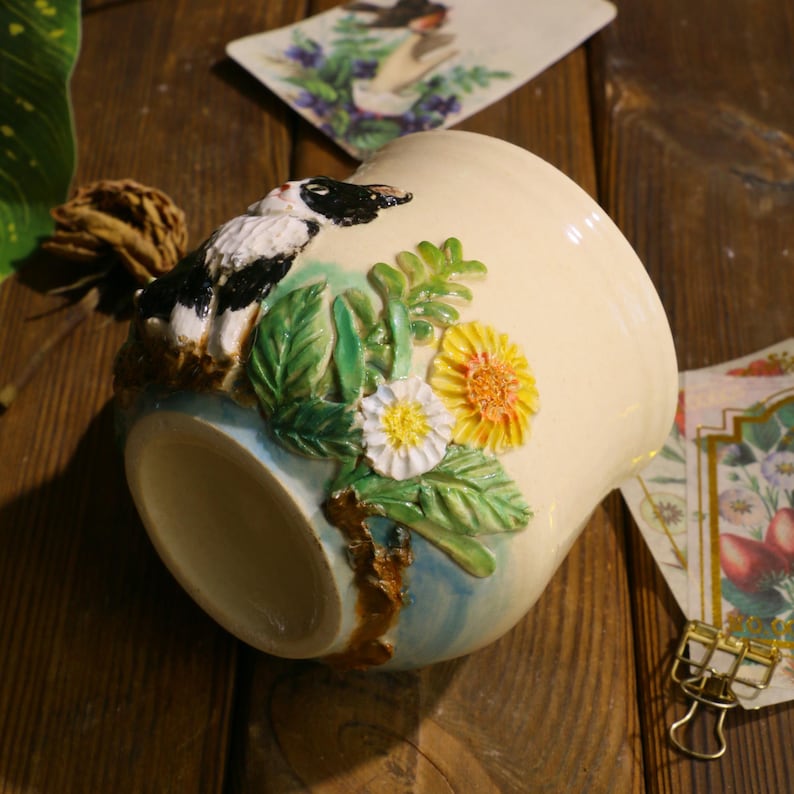 Custom Hand-Sculpted Pet Statue Mug – 3D Ceramic Portrait Cup with Floral Details