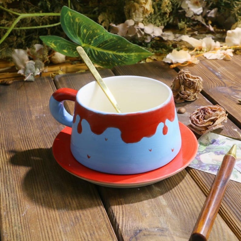 Red Blue Drip Glaze Mug Set – Handmade Ceramic Cup with Matching Saucer