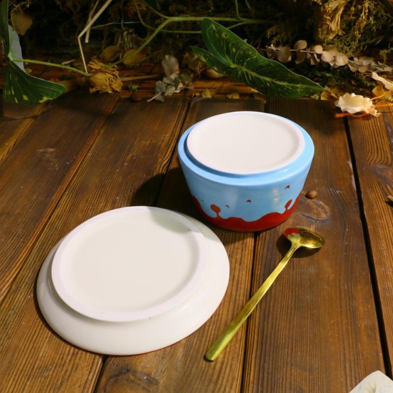 Red Blue Drip Glaze Mug Set – Handmade Ceramic Cup with Matching Saucer
