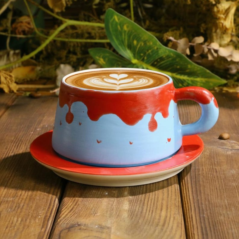 Red Blue Drip Glaze Mug Set – Handmade Ceramic Cup with Matching Saucer