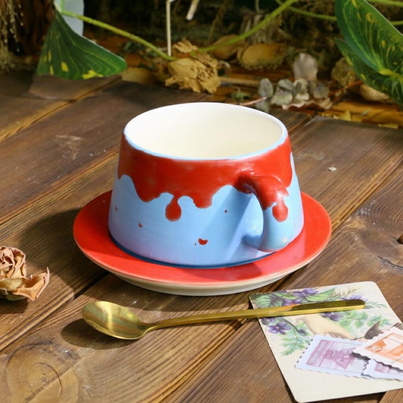 Red Blue Drip Glaze Mug Set – Handmade Ceramic Cup with Matching Saucer