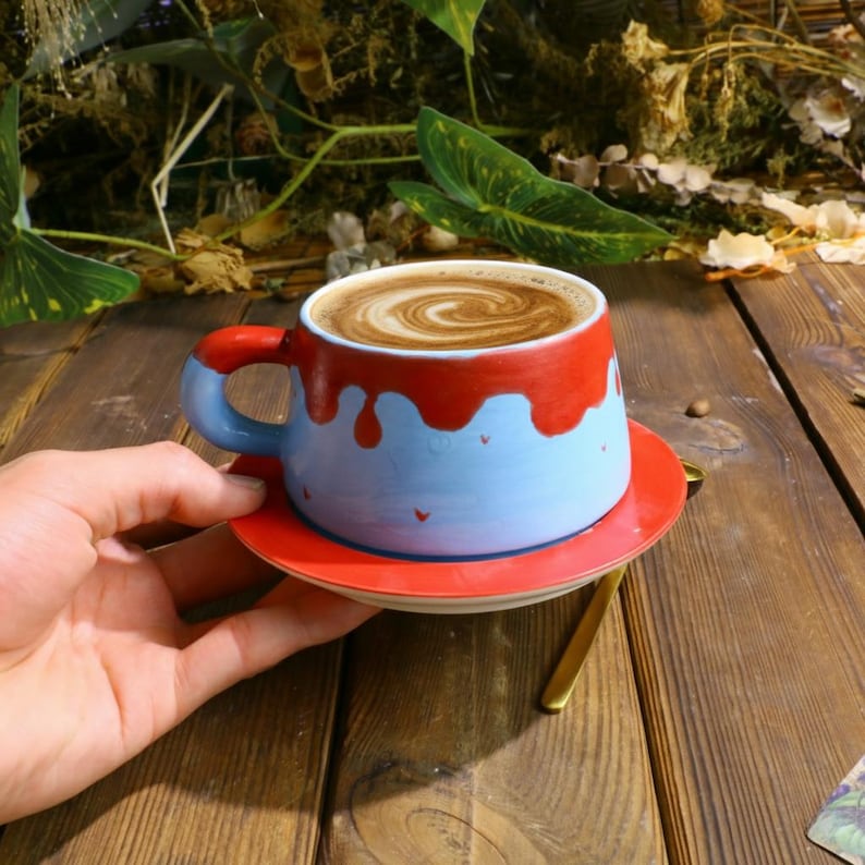 Red Blue Drip Glaze Mug Set – Handmade Ceramic Cup with Matching Saucer