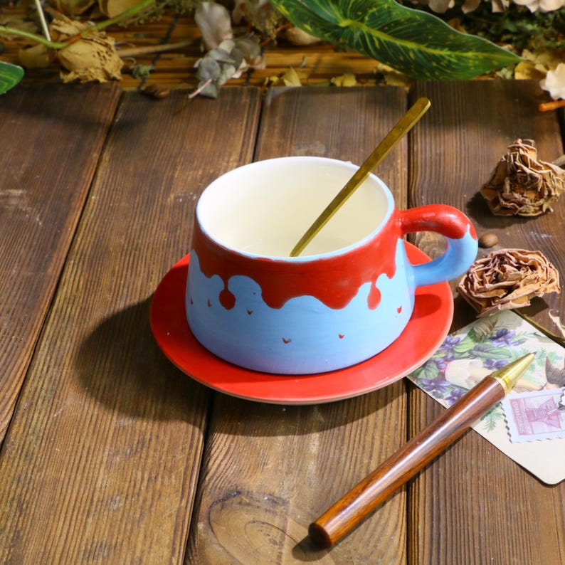 Red Blue Drip Glaze Mug Set – Handmade Ceramic Cup with Matching Saucer