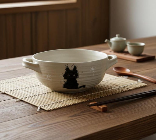 Black Cat Ramen Bowl, Handmade Ceramic Anime Dish with Handles