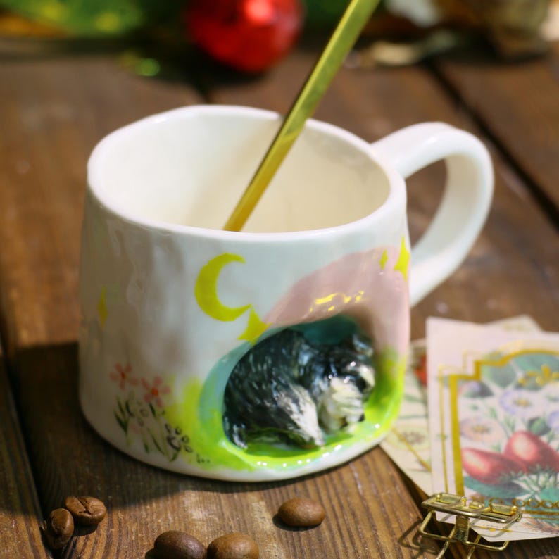 Custom Hand-Sculpted Pet Sleeping Mug – Personalized Ceramic Cup with 3D Pet Portrait Figure Inside