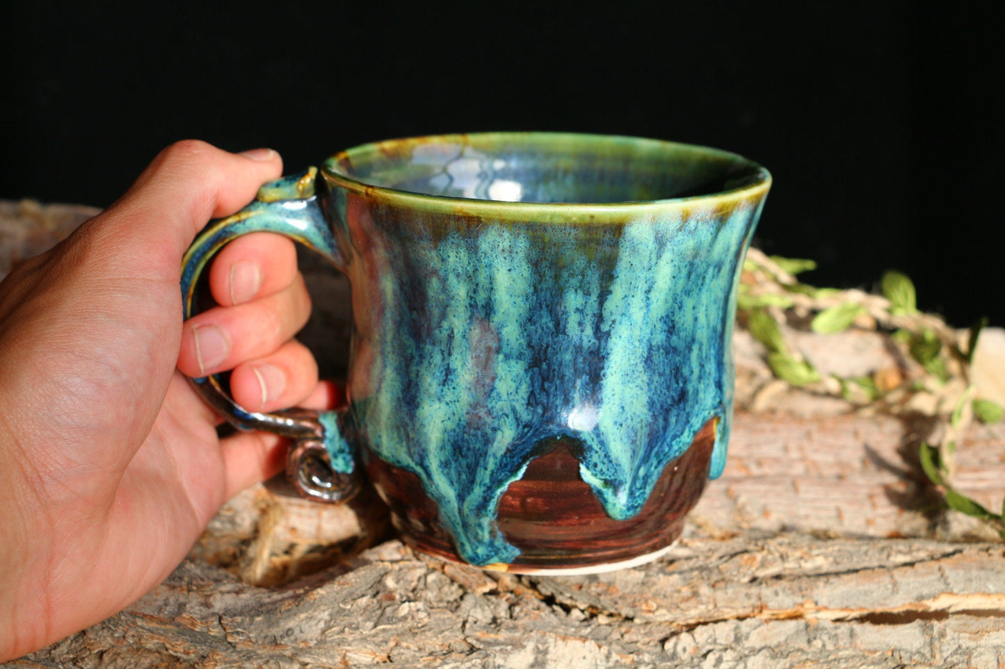Personalized Pottery Mug With Rolled Handle, Vintage Green and Brown Mug with Customized Bottom