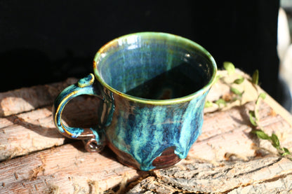 Vintage Green Handmade Ceramic Coffee Mug, Personalized Pottery Cup With Rolled Handle