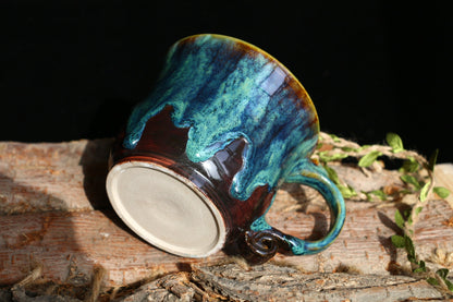 Vintage Green Handmade Ceramic Coffee Mug, Personalized Pottery Cup With Rolled Handle