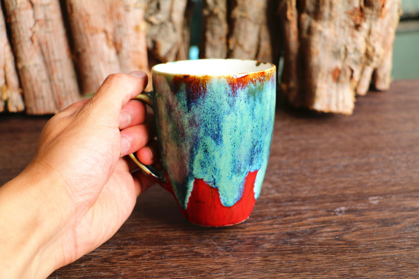 Handmade Psychedelic Green And Red Ceramic Mugs, Personalized Pottery Mug