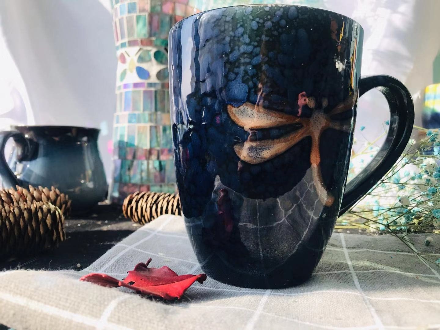 Dragonfly Ceramic Coffee Mug Handmade, 17 Oz Personalized Pottery Mug