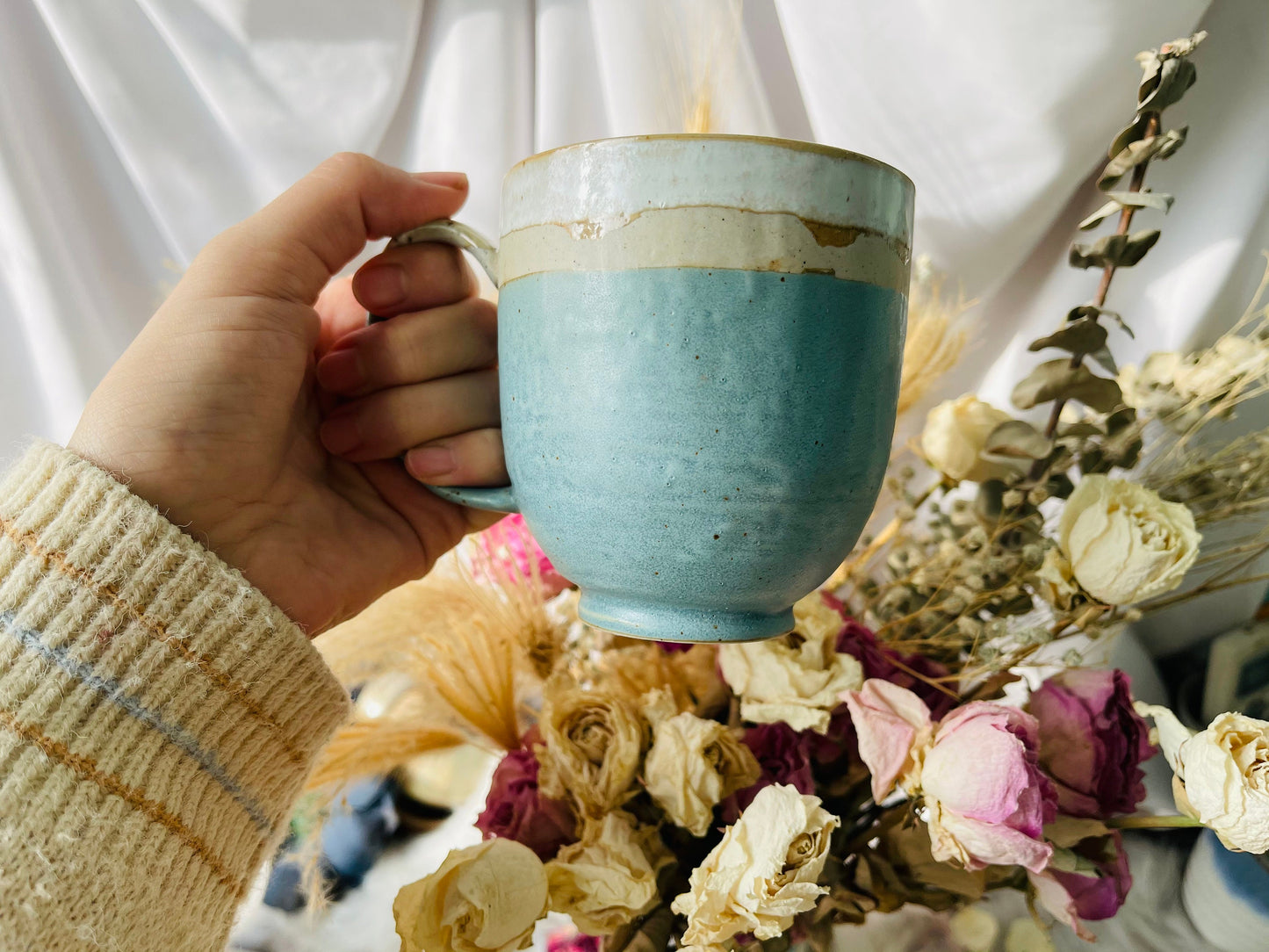 Handmade Pink And Yellow Ceramic Mugs For Coffee Lovers, Personalized Pottery Mug