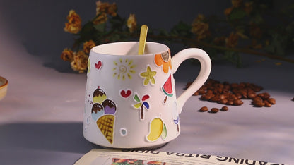 Ice Cream & Sun Umbrella Hand-Painted Ceramic Mugs, Personalized Pottery Mug for Gifts
