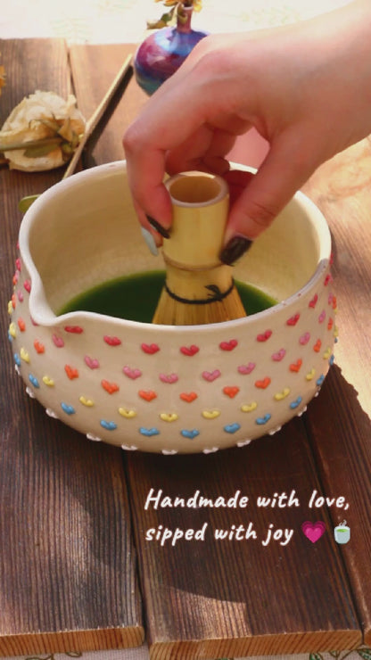 Kawaii Ceramic Matcha Bowl with Handmade 3D Colorful Hearts Design