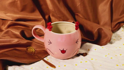 Handmade Kawaii Coffee Mug – Pink Ceramic Cup with Cute Flower Ears