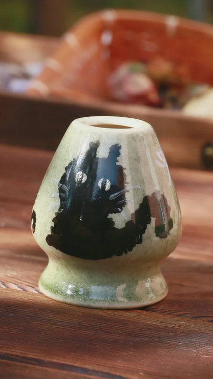 Handmade Matcha Bowl Set with Black Cat, Custom Green Pottery Chawan, Unique Gift for Cat Lovers & Tea Enthusiasts