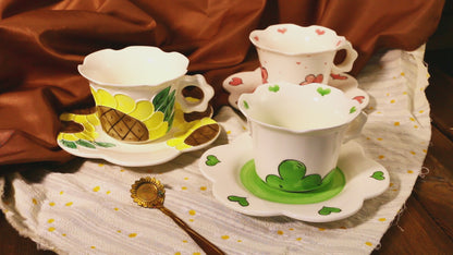 Cute Floral Design Ceramic Mug with Scalloped Saucer