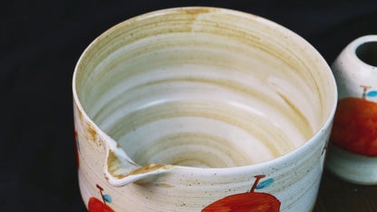 Hand-Painted Ceramic Matcha Tea Bowl Set with Fruit-Inspired Design