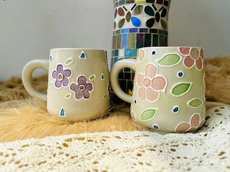 Floral Ceramic Coffee Mug, Personalized Handmade Ceramic Cup for Gifts