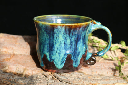 Vintage Green Handmade Ceramic Coffee Mug, Personalized Pottery Cup With Rolled Handle