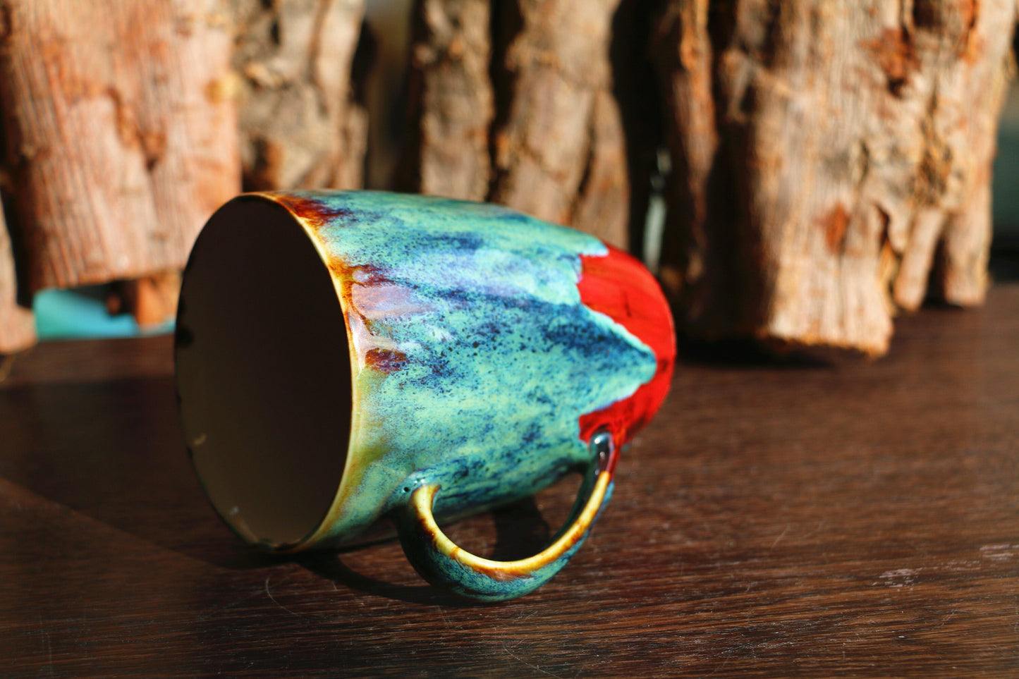 Handmade Psychedelic Green And Red Ceramic Mugs, Personalized Pottery Mug