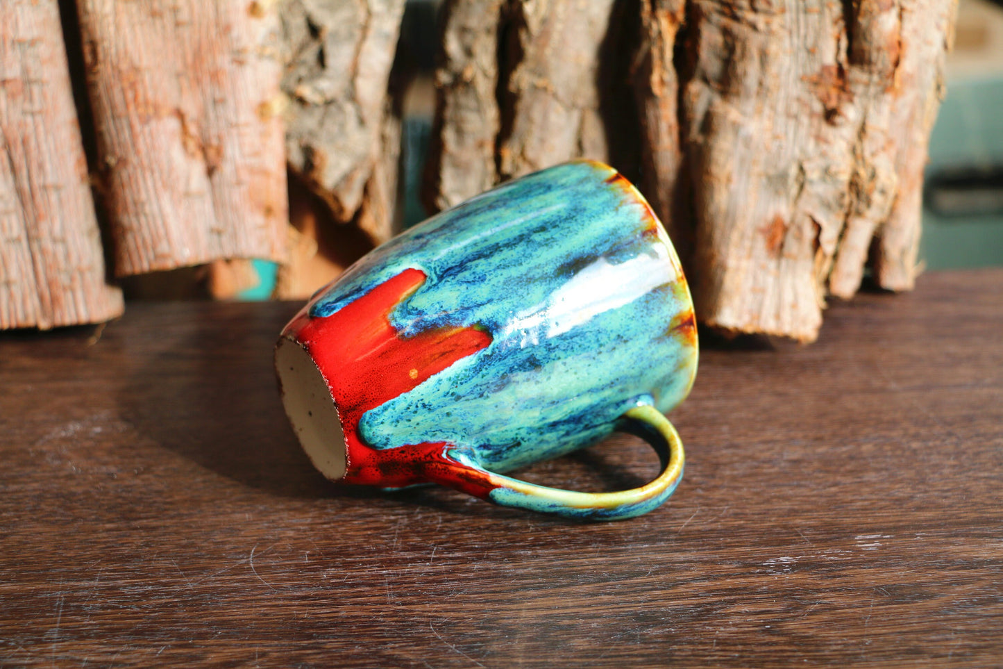 Handmade Psychedelic Green And Red Ceramic Mugs, Personalized Pottery Mug