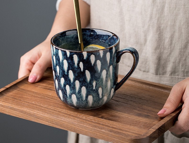 Ceramic Coffee Mug Handmade, White Raindrops Personalized Pottery Mug