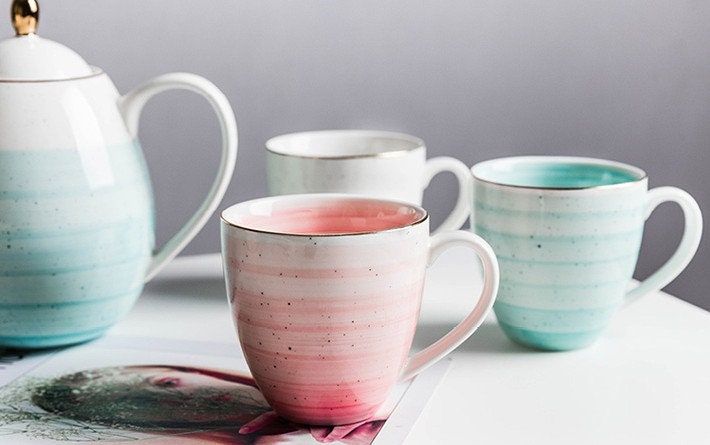 Ceramic Coffee Mug Handmade, Pink And Green Personalized Pottery Mug