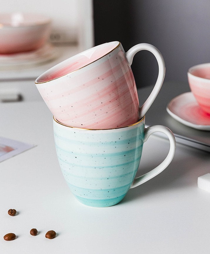 Ceramic Coffee Mug Handmade, Pink And Green Personalized Pottery Mug