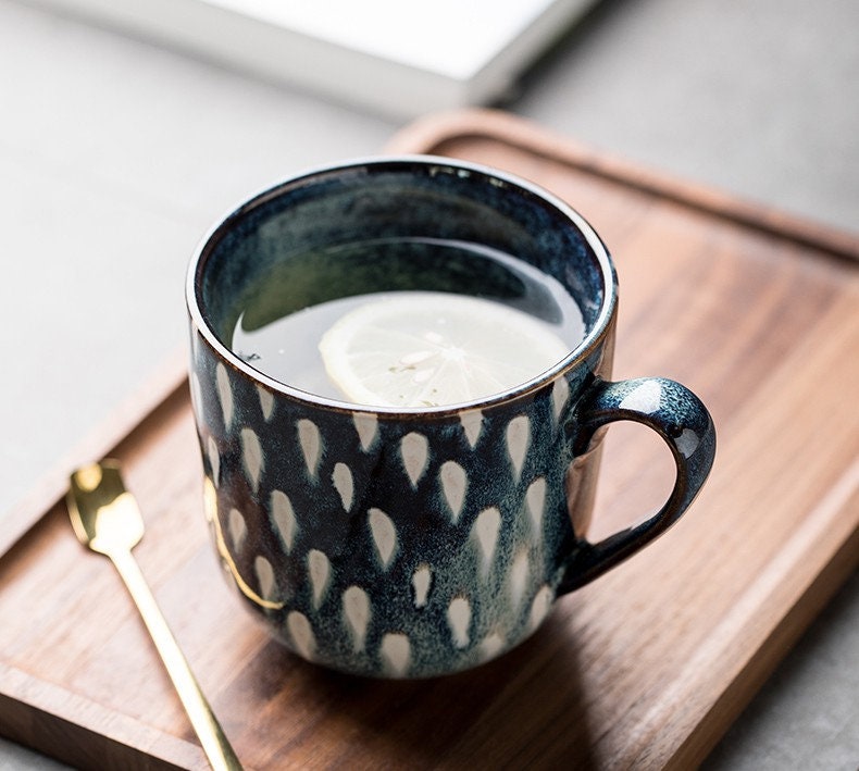 Ceramic Coffee Mug Handmade, White Raindrops Personalized Pottery Mug