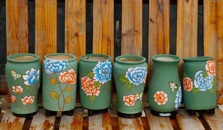 A set of 6, Circular flower pot, Ceramic Succulent Planter, Home Decor, Fairy Garden Decor