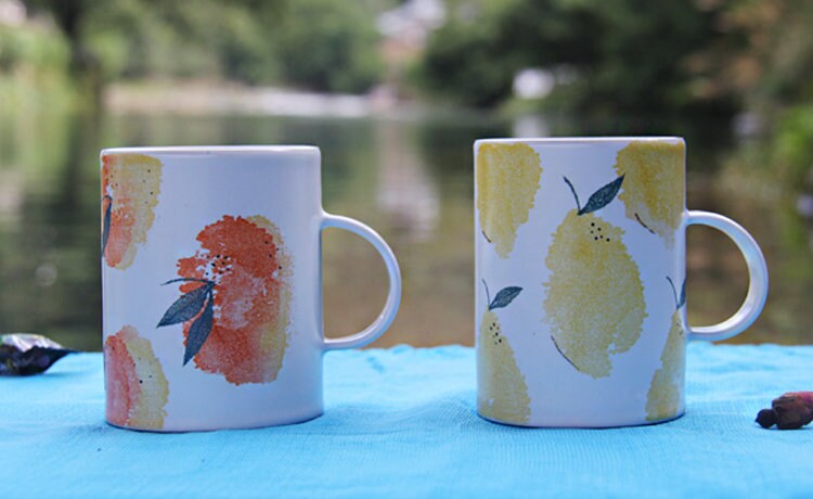 Ceramic Coffee Mug Handmade, 10 Oz Peach And Pear Personalized Pottery Mug