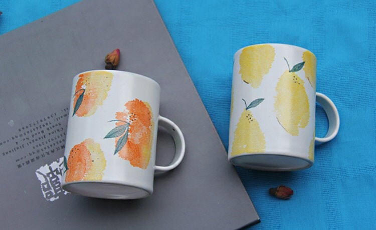 Ceramic Coffee Mug Handmade, 10 Oz Peach And Pear Personalized Pottery Mug