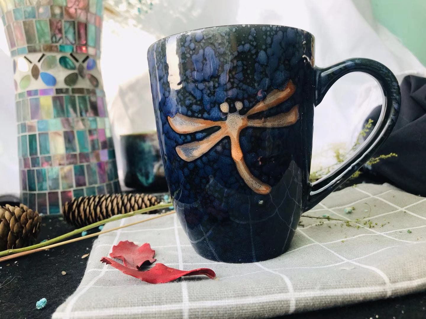 Dragonfly Ceramic Coffee Mug Handmade, 17 Oz Personalized Pottery Mug