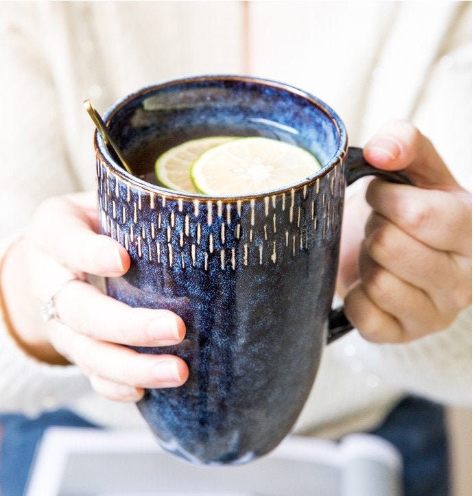 20 Oz Retro Blue Starry Ocean Ceramic Mug, Rustic Handmade Ceramic Coffee Mug
