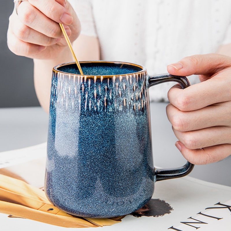 Large Ceramic Coffee Cup Handmade, 24 OZ Blue Personalized Pottery Mug