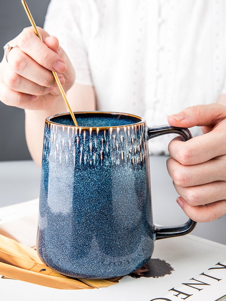 Large Ceramic Coffee Cup Handmade, 24 OZ Blue Personalized Pottery Mug