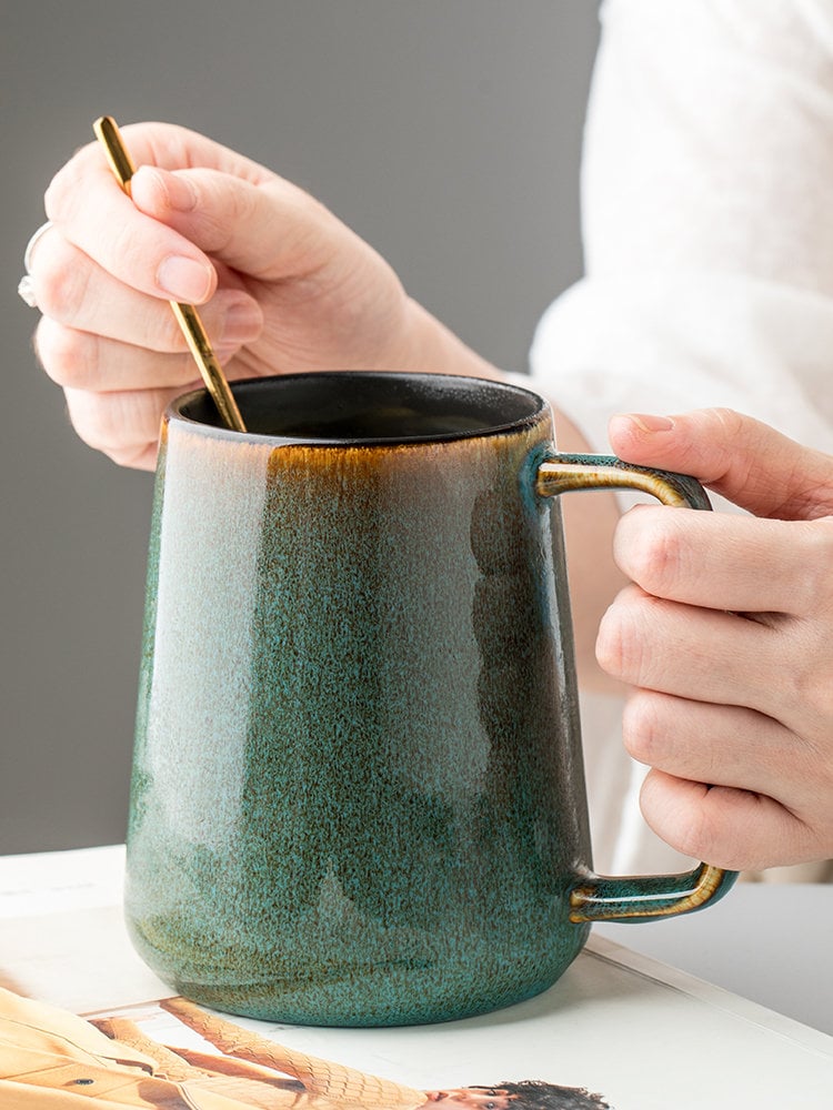 Large Ceramic Coffee Cup Handmade, 24 OZ Blue Personalized Pottery Mug