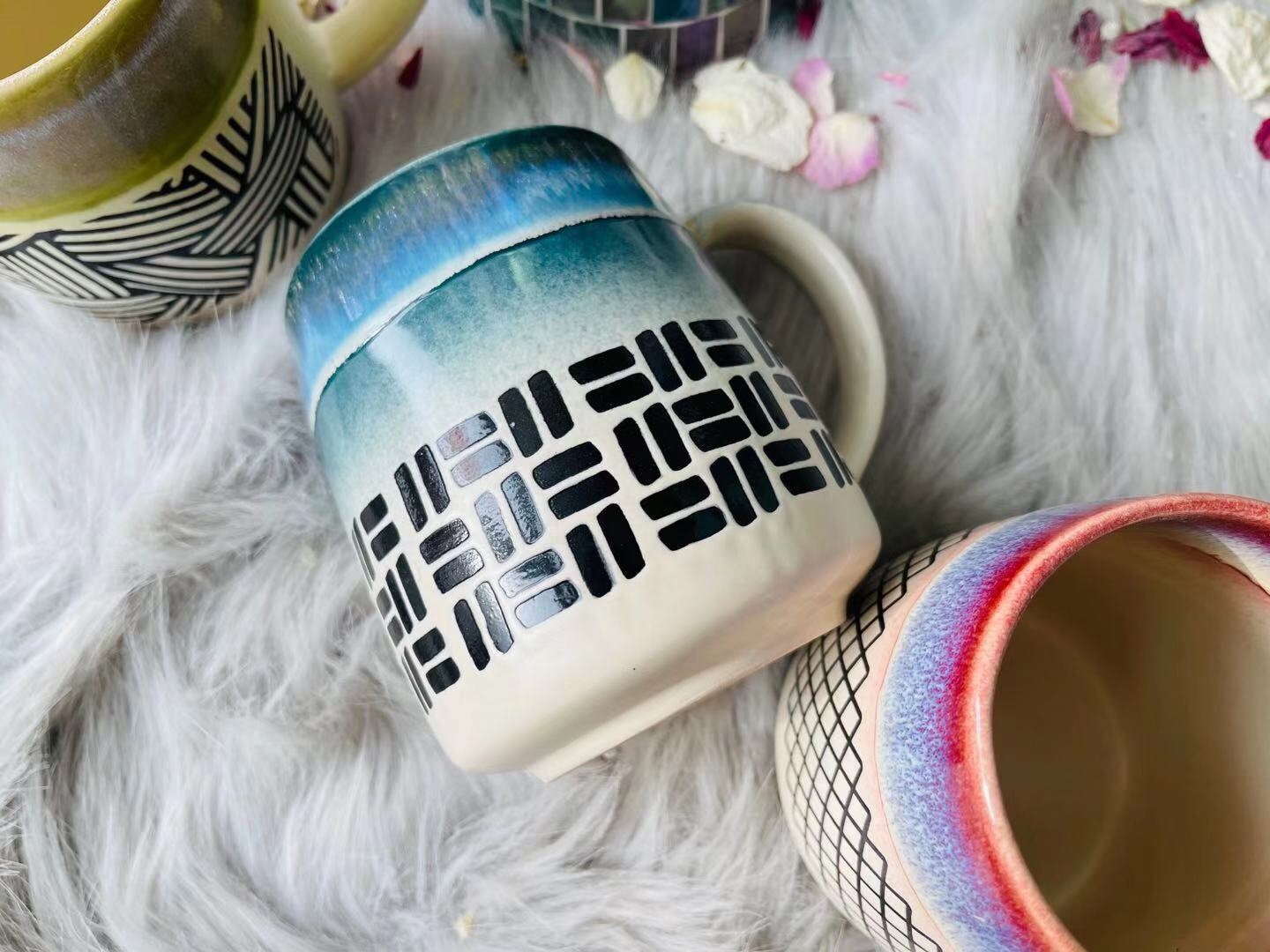 Ceramic Coffee Mug Handmade, Geometric Patterns Personalized Pottery Mug