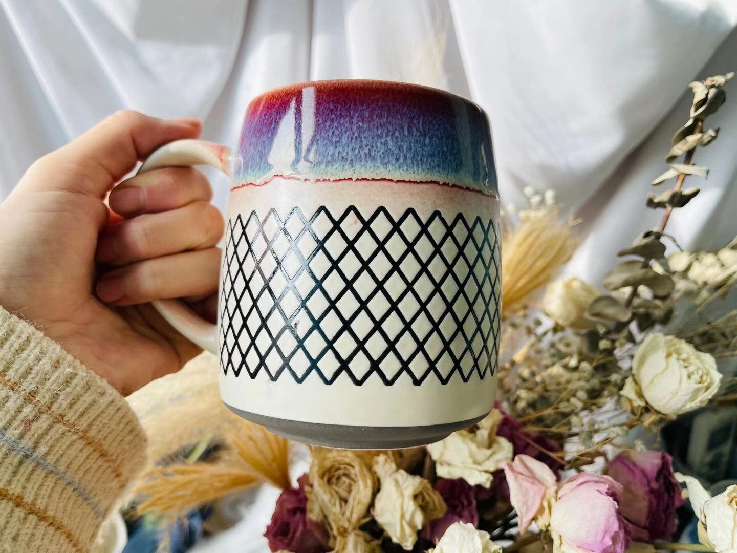 Ceramic Coffee Mug Handmade, Geometric Patterns Personalized Pottery Mug