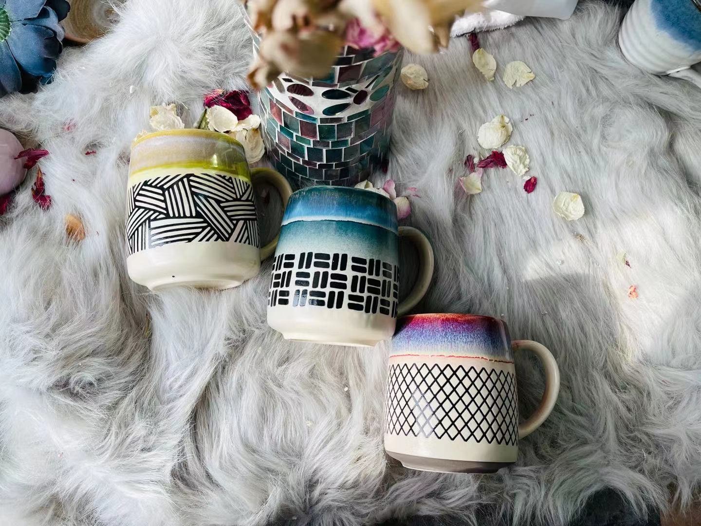 Ceramic Coffee Mug Handmade, Geometric Patterns Personalized Pottery Mug