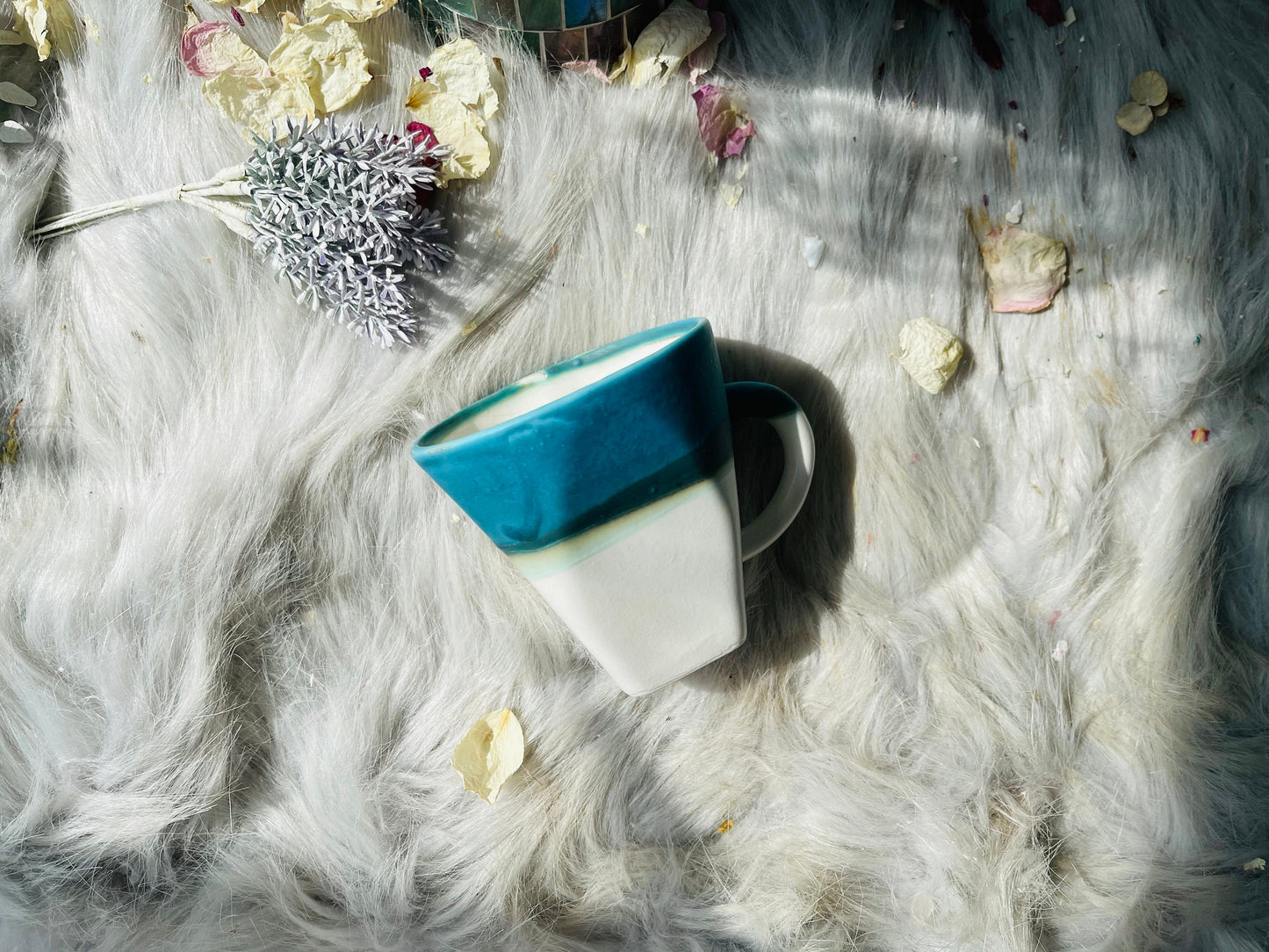 Ceramic Coffee Mug Handmade, Blue And White Square Personalized Pottery Mug