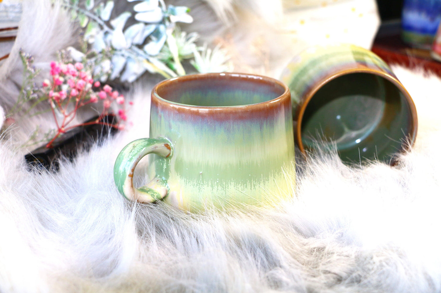 Ceramic Coffee Mug Handmade, 9 Oz Green And Yellow Personalized Pottery Mug