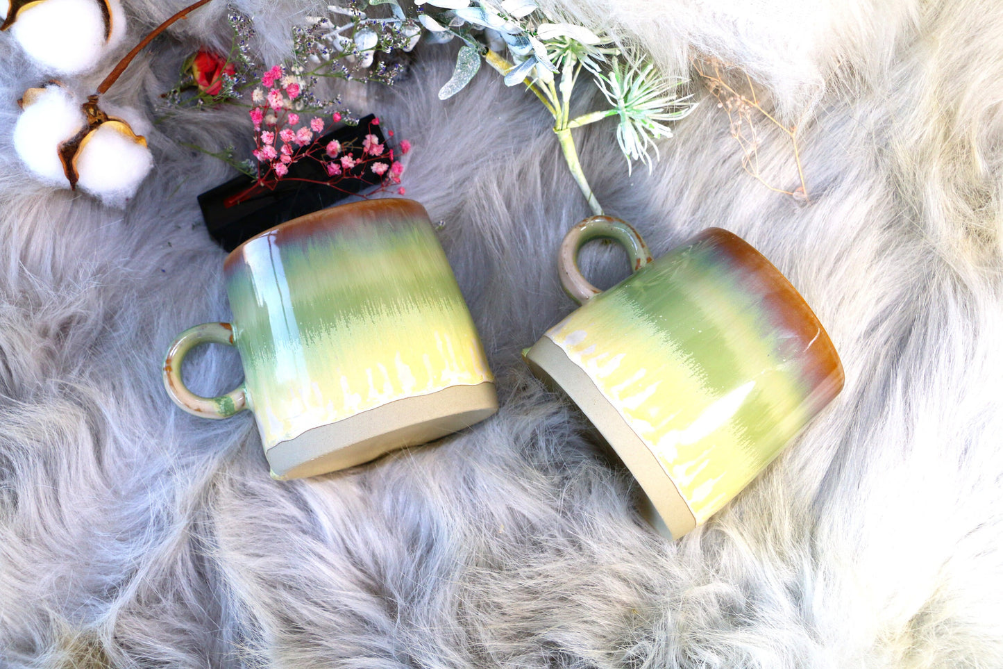 Ceramic Coffee Mug Handmade, 9 Oz Green And Yellow Personalized Pottery Mug