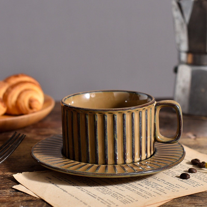 Ceramic Coffee Cup and Saucer, Pottery Handmade Artistic Coffee Cup
