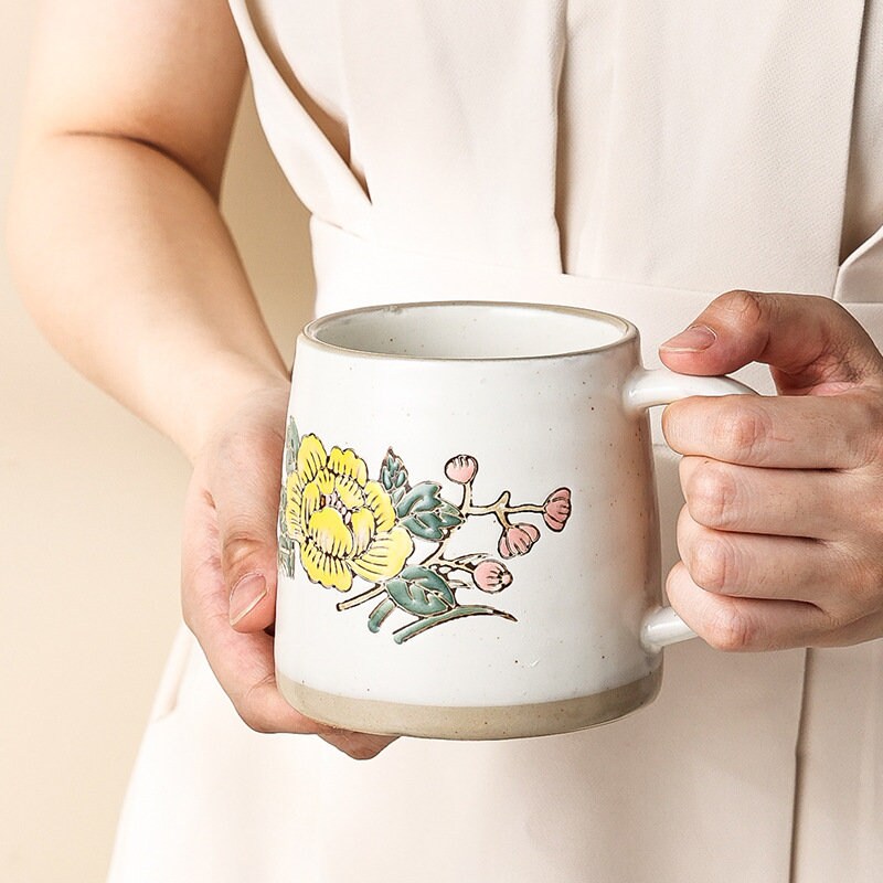 Hand-painted Flower Ceramic mug, Handmade Personalized Coffee mug