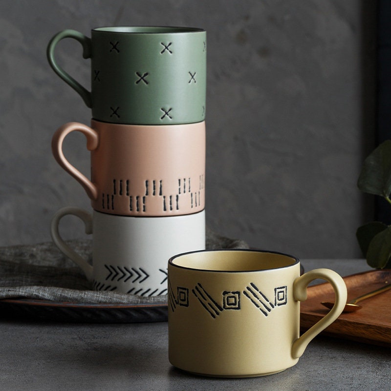 Cute Handmade Ceramic Coffee Mug, Personalized Hand-painted Line Mug
