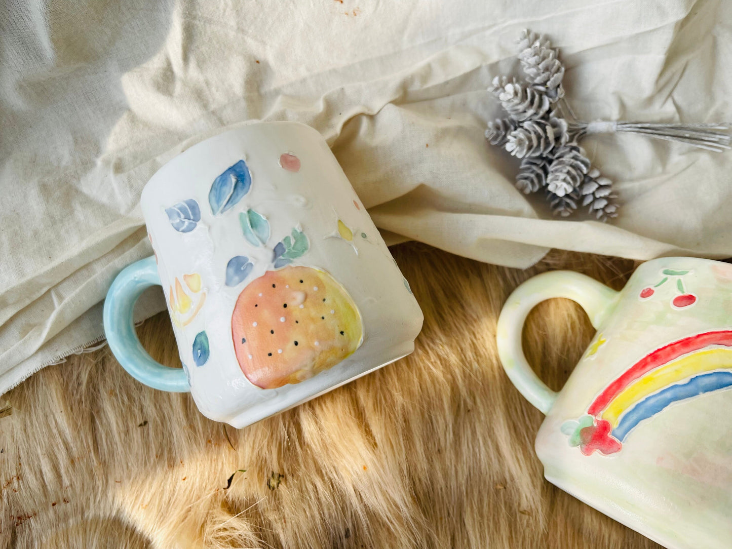 Ceramic Coffee Mug Handmade, Hand-painted Fruit Personalized Pottery Mug