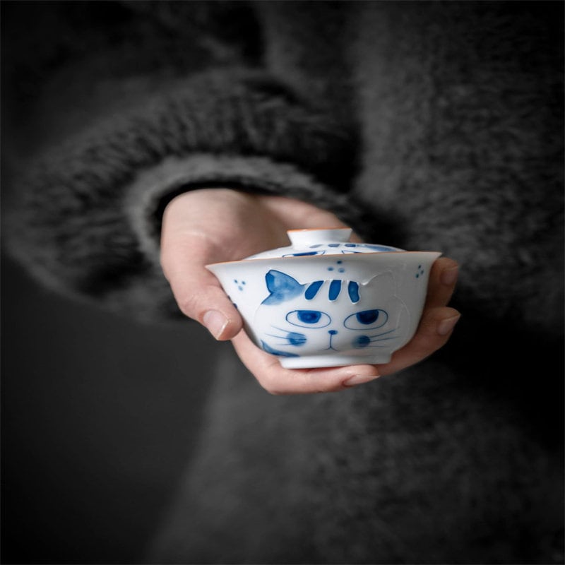 Hand-painted Cat Ceramic Tea Cups, White Blue Orange Personalized Pottery Cup Tea Gifts