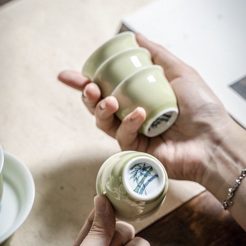 Hand-painted Bamboo Ceramic Tea Cups, Green And Pink Personalized Pottery Cup Tea Gifts